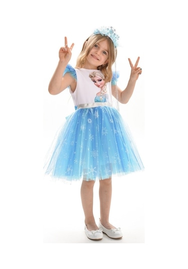 Elsa Karlar Kraliçesi Kar Taneli Taçlı Kız Çocuk Parti Elbisesi