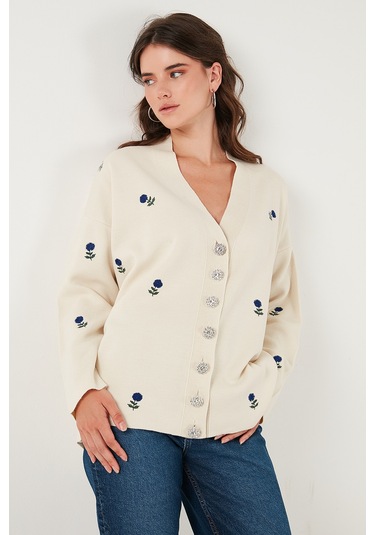 Lela Oversize Fit Desenli V Yaka Triko Bayan Hırka 4616193 Krem-Saks