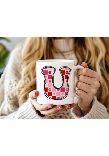 U Harfi Pembe Kareli Kalpli Göz Emojili Kupa Bardak Eğlenceli Kareli Tasarım Kahve Çay Kupası 07 Beyaz