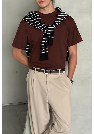 Hyman Erkek %100 Pamuk Oversize Basic T-shirt Koyu Kahve