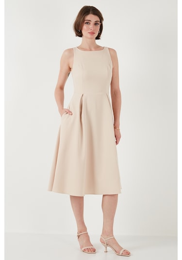 Lela Bisiklet Yaka Regular Fit Cepli Pileli Midi Bayan Elbise 6051963 Taş