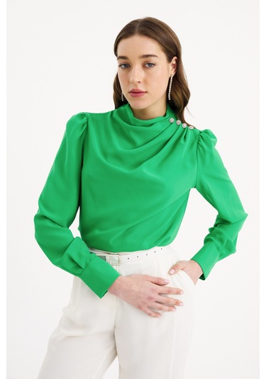 Sateen Düğmeleri Taş Detaylı Bluz - Yeşil