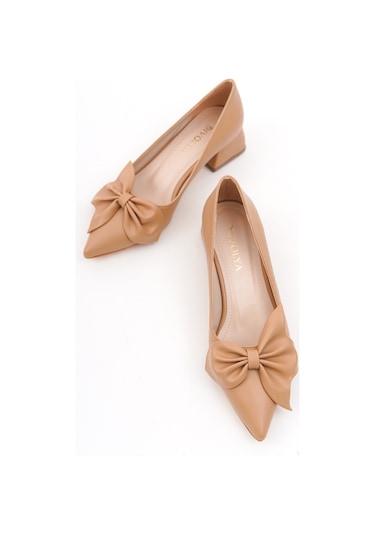 Camila Nude Fiyonklu 4cm Sivri Burun Topuklu Ayakkabı Ten Rengi