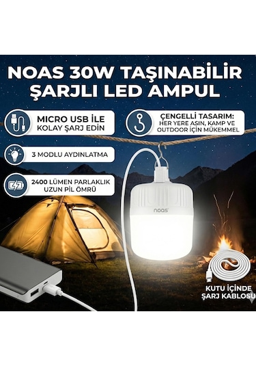 Noas 30w Şarjlı Smd Led Ampül 2400lm Ip20 3 Mod Beyaz Işık Çengelli