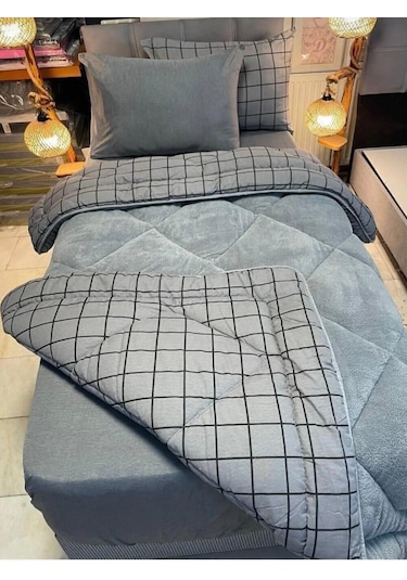 Tek Kişilik Lüx Çift Taraflı Pufidik Desenli Wellsoft Yorgan 155x215 + 1 Adet Yastık Kılıfı Antrasit - Gri