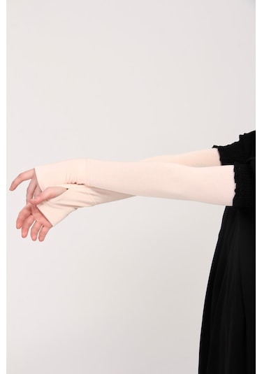 Parmak Geçmeli 45cm Likralı Penye Kolluk 1 Çift Pudra