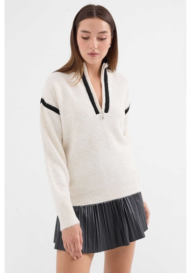 Gabria Fermuarlı Şeritli Kazak Ekru