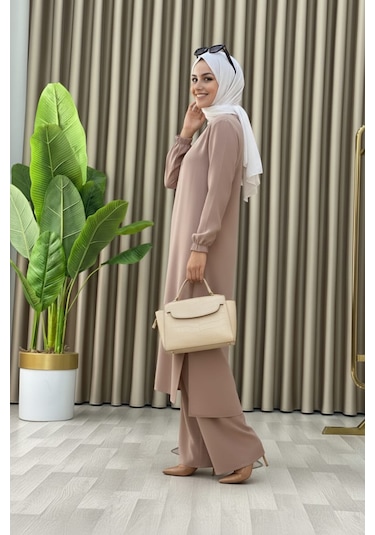 Tesettür İkili Takım Uzun Tunik Bol Paça Pantolon 4006-bej Bej Tesettür İkili Takım Uzun Tunik Bol Paça Pantolon 4006-bej Bej