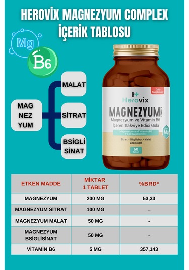 Herovix Magnezyum 200 Mg 3x Complex 60 Tablet