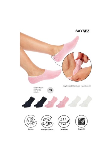 Bambu Kadın Babet Siyah-beyaz-pembe Çorap Dikişsiz Görünmez Kaydırmaz Topuk Silikonlu Premium 6'lı Renkli