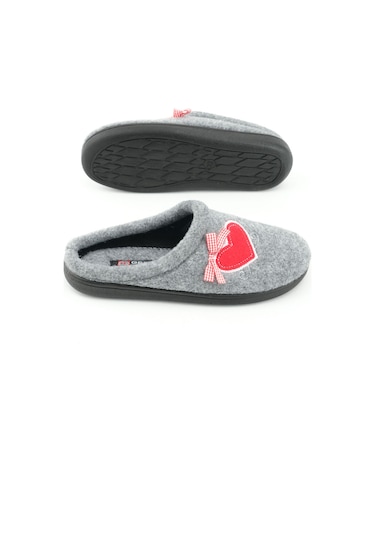 Gezer Kışlık Comfort Taban Nakışlı Kalp Desenli Keçe Ev Terliği Gri