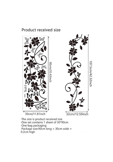 Gajeena Siyah Çiçek Asma Kelebek Duvar Sticker, Kaldırılabilir Vinyl Otostik Ev Dekoru, Banyo Oturma Odası Yatak Odası Dekoratif 90x30cm Siyah