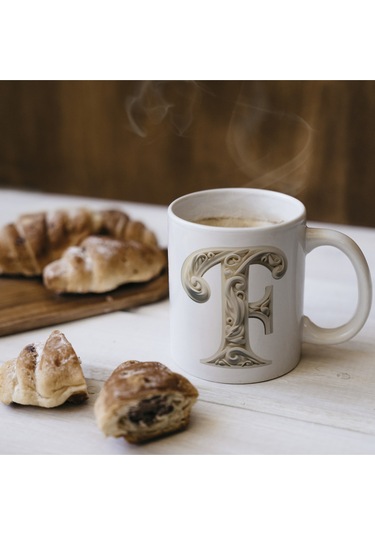 F Harfi Bardak, Monogram 330 Ml Barok Oymalı Görünüm Beyaz