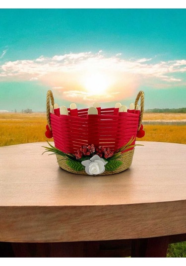 Komodin Üstü Düzenleyici Hasır Sepet Takı Organizer Makyaj Kutusu Banyo Sepeti Kırmızı