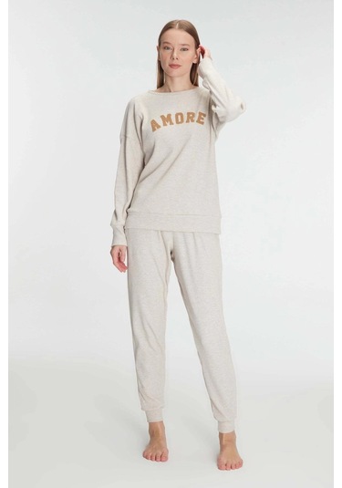 Yeni Sezon Kışlık Pamuklu Uzun Kol Pijama Takımı Ten