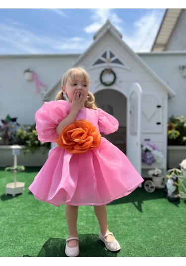 Rose- Pembe Şifon Kısa Kollu Kız Çocuk Elbisesi Pembe