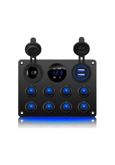 Motion003 Mavi 12v Sigara Cakmak Soketli 8 Pozisyonlu Doner Anahtar Paneli Usb Sarjli Dijital Voltmetreli Seri Sigortali Araba Karavan Tekne