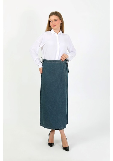 Yandan Bağlamalı Denim Etek- Mavi Mavi