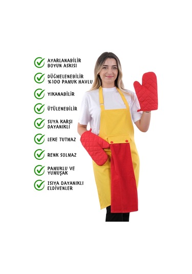 Star Ayar Askılı Havlulu 4lü Mutfak Önlüğü Seti 2 Eldiven Sarı-kırmızı-kırmızı