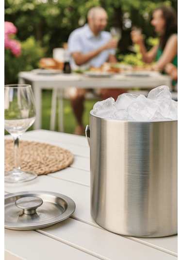 Paslanmaz Çelik Çift Cidar Taşınabilir Saplı - Kapaklı 1 Lt. Buz Kovası Gri