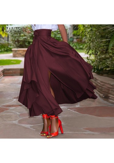 Zanzea Bayan Yaz Yüksek Bel A Hattı Yırtmaçlı Etek Cepli Kahverengi