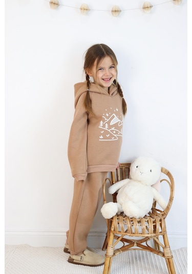 3 İp Baskılı Kapüşonlu Şardonlu İkili Takım Kahverengi