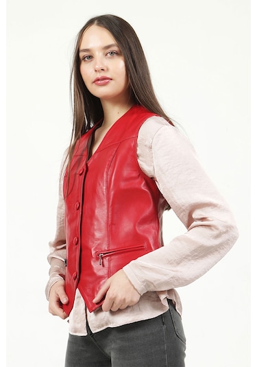 Dericlub Vittoria Kadın Düğmeli Slim Fit Hakiki Deri Yelek B.kırmızı
