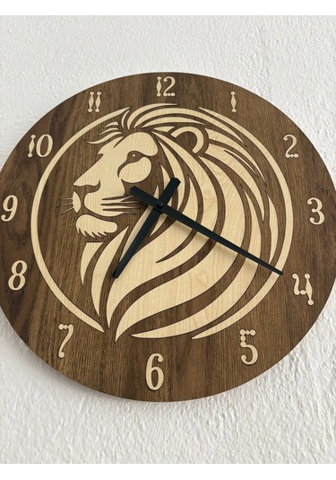Safari Serisi - Aslan - Ahşap Duvar Saati - 40 Cm Ahşap