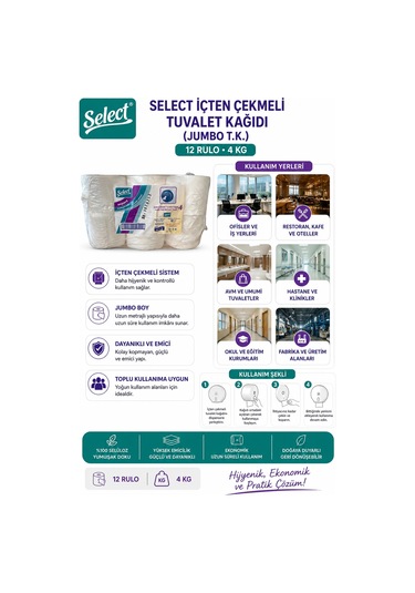 Select İçten Çekmeli Tuvalet Kağıdı Jumbo T.k. 12 Rulo 4 Kg