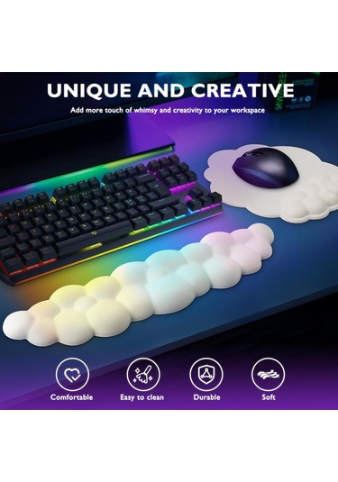 Beyaz Bulut Bilek Destekli Oyun Klavyesi Ve Mouse Pad'i, Şık Hafızalı Köpük Mouse Pad Bilek Desteğiyle Bileğinize Ve Elinize Ekstra Konfor Sağlar