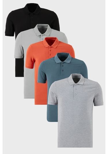 Buratti Pamuklu Regular Fit Düğmeli Polo Yaka 5'Li Paket Erkek T Shirt 5902127S5 Siyah-Gri Melanj-Tarçın-Kül-Petrol