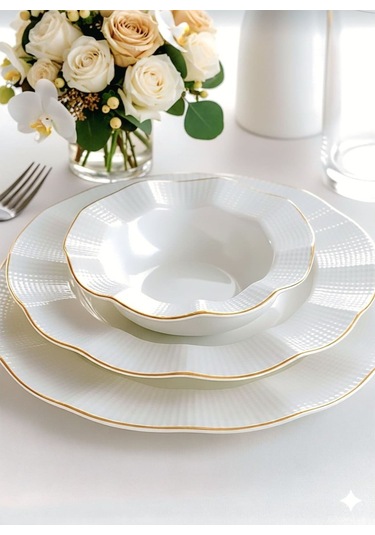 Kütahya Porselen Milena Altın File 51 Parça 12 Kişilik Yemek Takımı Krem - Bej