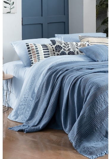 Sarev Eskel Mavi Çift Kişilik %100 Pamuk Yatak Örtüsü Mavi