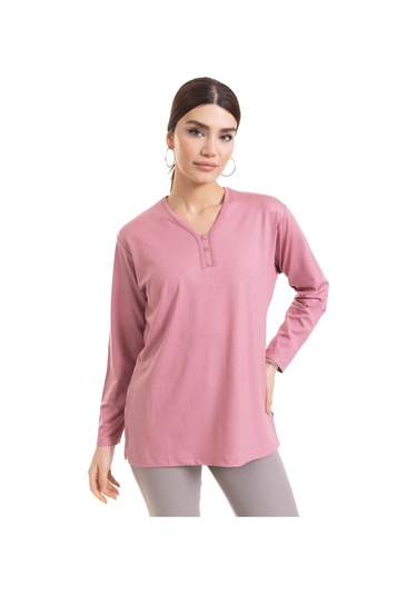 Kadın Orta Yaş ve Üzeri Dört Mevsim V Yaka Rahat Kalıp Likralı Viskoz Anne Penye Bluz 140-Pudra