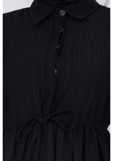 Gömlek Yaka Beli Tünelli Sare Elbise-siyah-4013-siyah Siyah