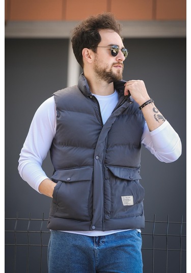 Octave Suya Dayanıklı Kapaklı Cepli Etiket Detaylı Dik Yaka Erkek Şişme Yelek Füme