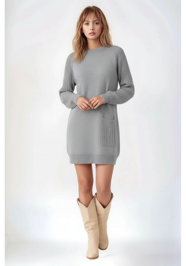 Kadın Kolları Uzun Kendinden Dokulu Bisiklet Yaka Tunik Boy Şık Kışlık Triko Büyük Beden Kazak Gri