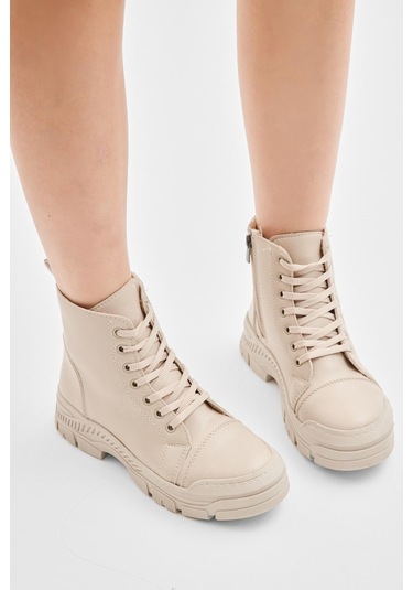Kalın Termo Taban Bağcıklı Ve Fermuarlı Kadın Bej Günlük Bot Tbrds035 Bej