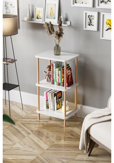 3 Raflı Ahşap Kitaplık Raf Ahşap Gazetelik Ayakkabılık -beyaz