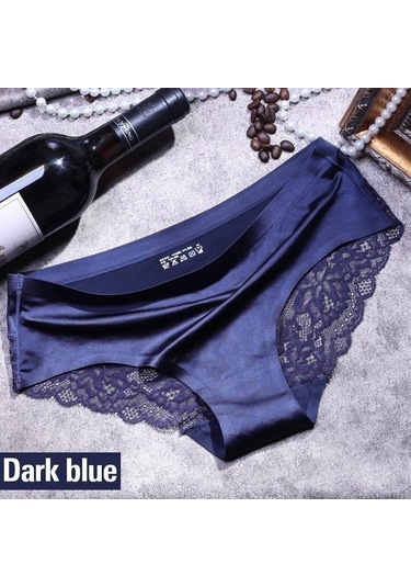 Koyu Mavi Kadın Traceless Buz Ipek İç Çamaşırı Lüks İnci Dantel Dikiş Üçgen Külot Koyu Mavi