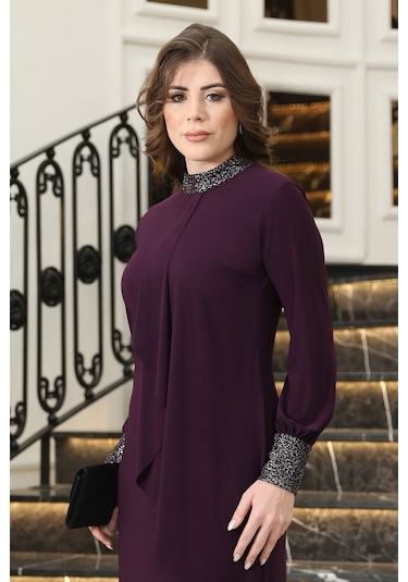 Sim Detaylı Efsane Tesettür Abiye Elbise Mürdüm