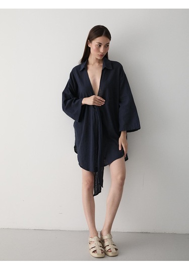 Lacivert Flam Keten Kimono Gömlek Lacivert
