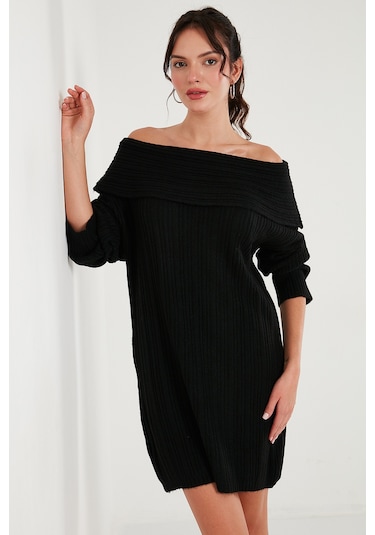 Lela Oversize Fit Kayık Yaka Uzun Kollu Mini Triko Bayan Elbise 4615218 Siyah