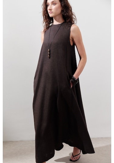 Keten Büzgülü Geniş Elbise Acı Kahve Acı Kahve