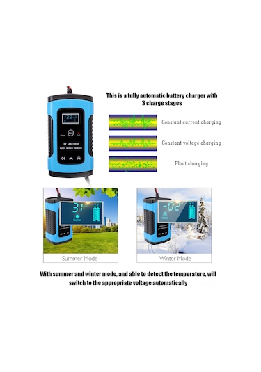 Symbee 12v 6a Akıllı Akü Şarj Cihazı, Tam Otomatik, Pil Onarımı, Soğutma Fanlı, Lityum Dışında Akü Tipleri İçin, Mavi, Avrupa Standartı