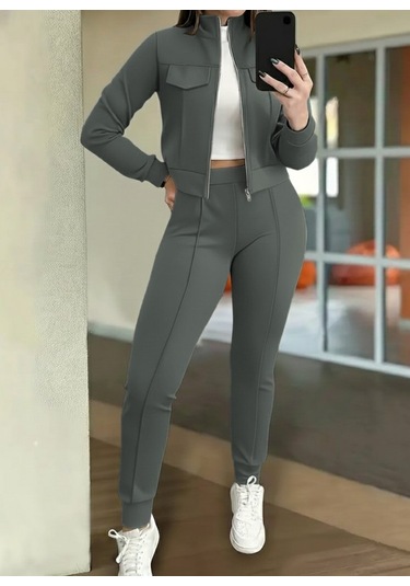 S-pazarım Kadın Uzun Kollu Önden Fermuarlı Kısa Modal Ceket Ve Pantolon Ikili Takım Yeşil