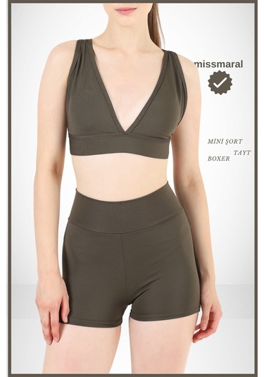 Kadın Haki Yüksek Bel Toparlayıcı İç Göstermeyen Boxer Şort Deniz, Havuz & Günlük Kullanım İçin Haki