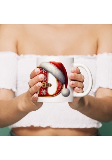 D Harfi Yılbaşı Temalı Bardak 330 Ml Harfli Kişiye Özel Hediye - Yeniyıl / Noel Şapka Tasarım Beyaz