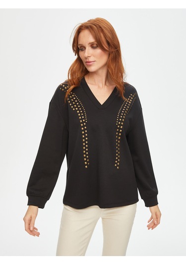 Önü Trok Taşlı V Yaka Sweatshirt 69509 U6950910 Siyah