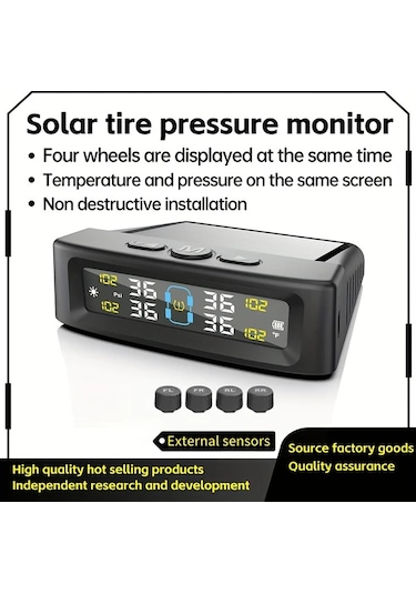 Xuweiwei Siyah 4 Sensörlü Ynf Solar Usb Tpms Lastik Basınç Ve Sıcaklık Monitörü Çift Şarj Zararsız Kurulum Akıllı Ekran Tüm Araçlar İçin